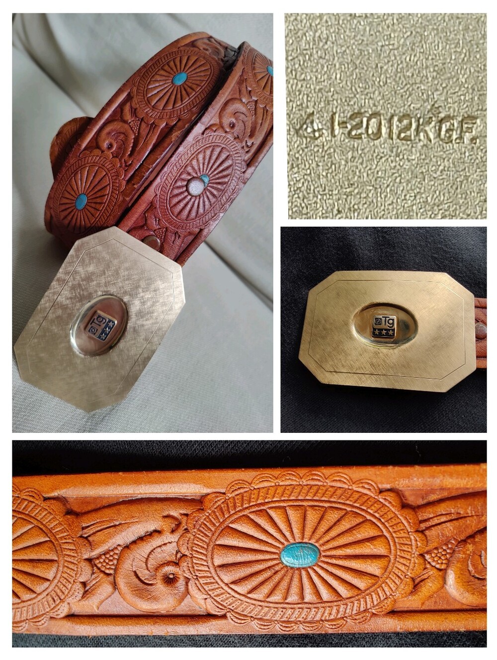Vintage Western Tooled Sunburst Leather Belt with Gold‑Tone Buckle, Size 34